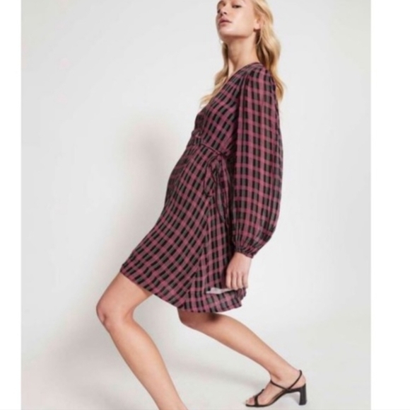 Ganni Georgette Check Long sleeve crepe wrap dress SZ 40 - Picture 3 of 16
